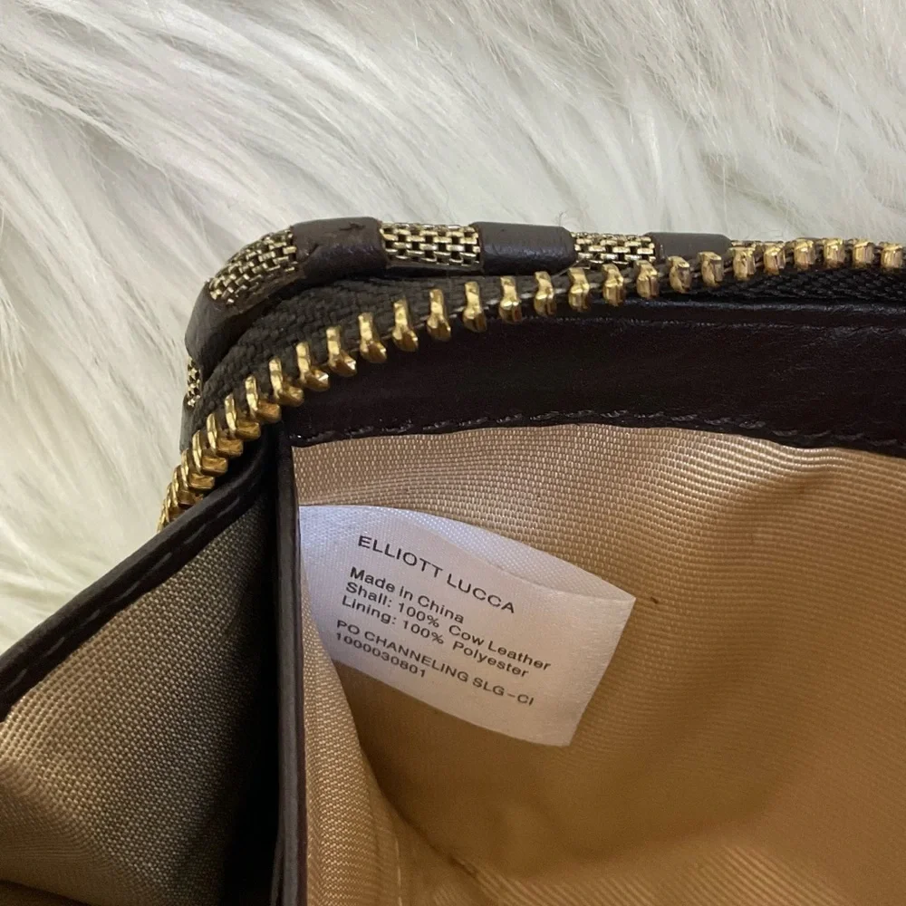 Elliott Lucca Brown Pebbled 100% Cow Leather Channeling Zipper Wristlet Wallet